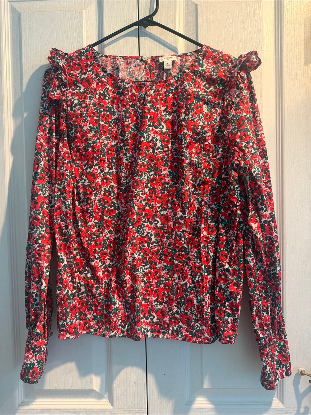 J. Crew Red Floral Ruffle-Shoulder Blouse